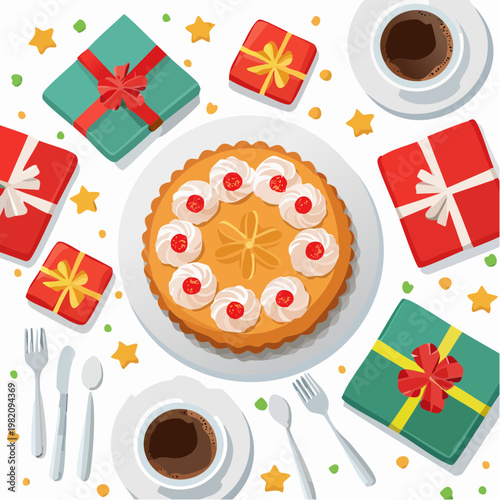 A festive holiday table setting with a decorated cake surrounded by gifts and coffee