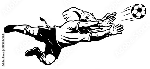 Elephant diving goalkeeper catching soccer ball in bold graphic style