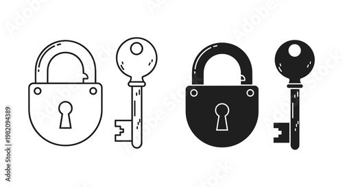 Padlock, key icons, lock and key symbols, security, access control