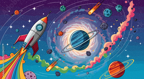 A vibrant, cartoon-style illustration of a rocket blasting off into a colorful galaxy filled with planets, stars, and nebulae.