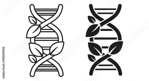 DNA double helix icons, genetic biology symbols, leafy helix illustrations, black and white vector graphics