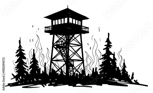 Fire lookout tower in a pine forest with smoke and flames in high contrast ink style