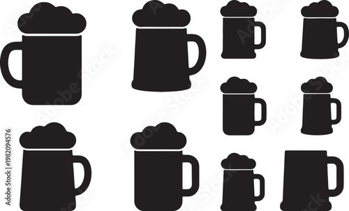 Isolated vector illustration set of beer mugs and bottles with coffee cups and drink icons on a white background