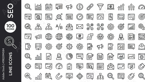 A collection of SEO and line icons for digital marketing and web development purposes AI, eps, png, jpg. transparent background.