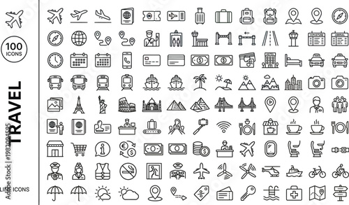A collection of line icons depicting various travel related objects and symbols. AI, eps, png, jpg. transparent background.