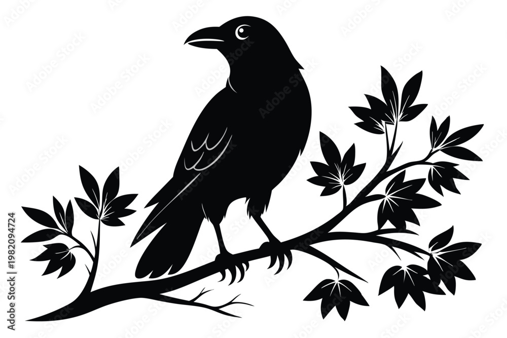 Obraz premium crow setting on a branch silhouette line art vector illustration with a white background