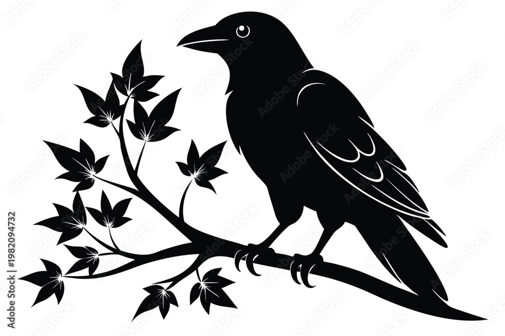 Naklejka premium crow setting on a branch silhouette line art vector illustration with a white background