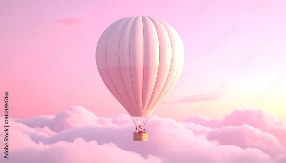 Fototapeta premium Pastel Hot Air Balloon Floating in Soft Pink Sky Dreamy Minimal Illustration