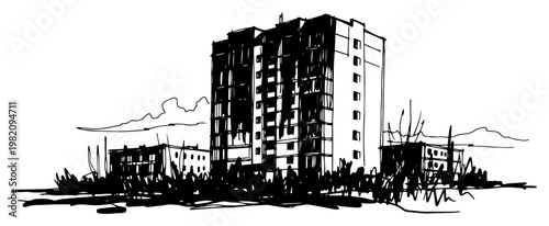 High rise apartment building in desolate urban landscape in hand drawn ink sketch style