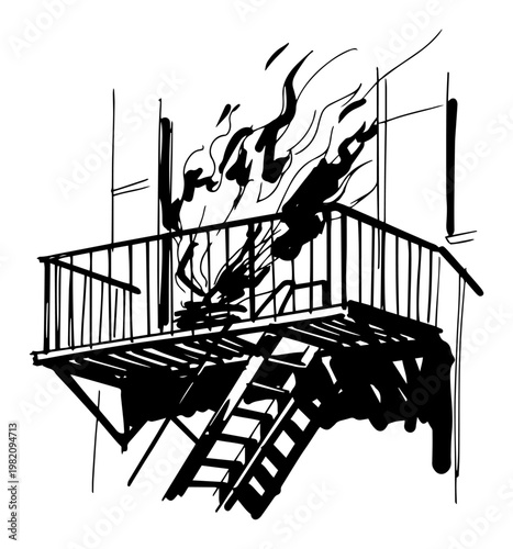 Fire burning on building balcony with metal staircase in hand drawn ink style