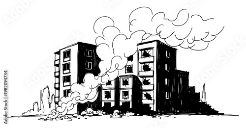 Burning building with heavy smoke billowing from windows in hand drawn ink sketch style
