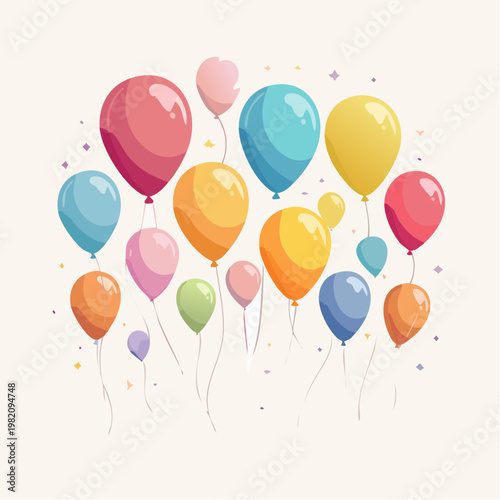 Vibrant colorful balloons float together in a festive party scene with confetti