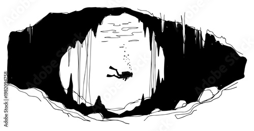 Scuba diver exploring a deep underwater cave with stalactites in minimalist hand drawn sketch style