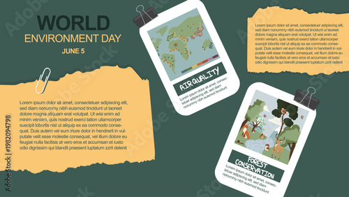 World Environment Day banner. Environmental theme icons and paperclip placeholders on green background. perfect for environmental awareness campaigns. Vector illustration