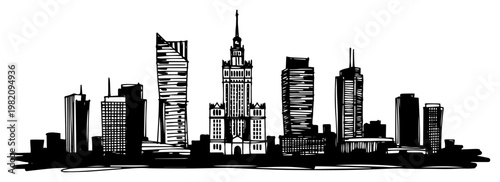 Warsaw city skyline with palace of culture and science and modern skyscrapers in polish capital city hand drawn doodle style