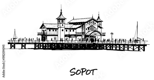 Sopot wooden pier with ornate building and walking tourists on the seaside at baltic sea coast hand drawn sketch style