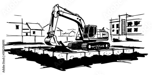 Excavator working on a construction site building foundation near residential area hand drawn sketch style