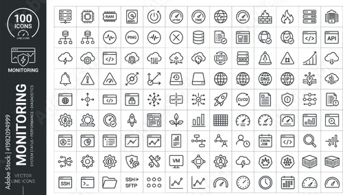 A collection of 100 monitoring icons in a vector line style for use in digital applications and software development. AI, eps, png, jpg. transparent background.