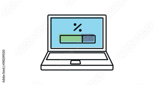Laptop software update and loading progress icon: portable computer with percentage bar on screen, soft colors offset fill and black line vector illustration.