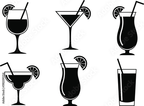 Collection of Black Silhouette Cocktail and Summer Drink Icons with Fruit Garnish and StrawsCollection of Black Silhouette Cocktail and Summer Drink Icons with Fruit Garnish and Straws