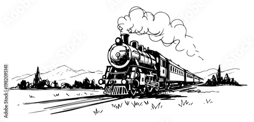 Vintage steam locomotive traveling through the countryside in hand drawn sketch style