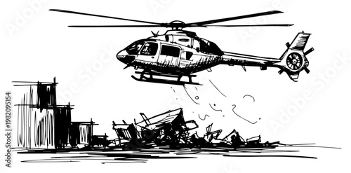 Rescue helicopter hovering over disaster ruins and rubble in hand drawn sketch style