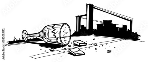 Broken wine glass lying on pavement near a bridge in hand drawn sketch style