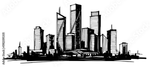 Modern city skyline with high rise skyscrapers and urban buildings in hand drawn doodle style