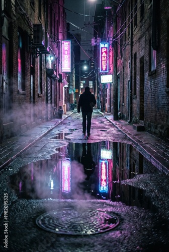 Man Walking Through a Neon Lit Rainy City Alleyway at Night