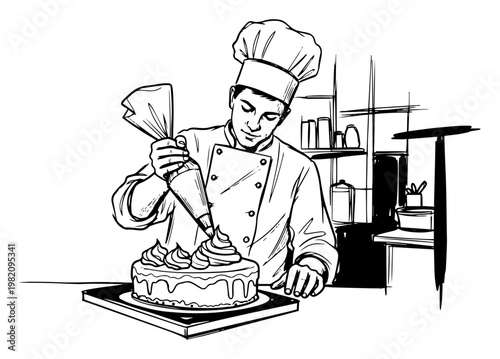 Professional pastry chef decorating a sponge cake with cream using a piping bag in hand drawn sketch style