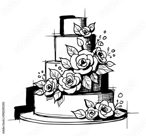 Multi tiered wedding cake decorated with roses and floral elements in hand drawn sketch style