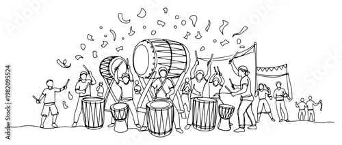 People playing percussion drums in a festive celebration with confetti in continuous one line art style