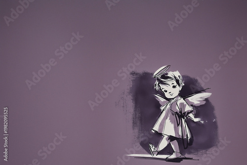 Angelot avec auréole et ailes sur fond mauve avec espace négatif copyspace, visuel pour communion, baptême, décès d’enfant, faire-part de naissance et papeterie religieuse