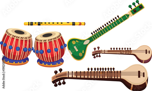 Detailed Collection of Colorful Traditional Indian Musical Instruments Featuring Sitar Tabla and Bansuri FluteDetailed Collection of Colorful Traditional Indian Musical Instruments Featuring Sitar Tab