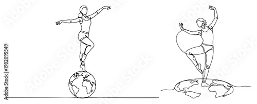 Female dancers performing balance on planet earth globes in continuous one line art style