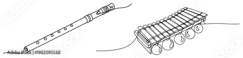 Woodwind flute and percussion xylophone musical instruments in continuous one line art style