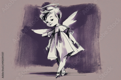 Angelot avec auréole et ailes sur fond mauve, visuel pour communion, baptême, décès d’enfant, faire-part de naissance, papeterie religieuse, hommage et carte de condoléances