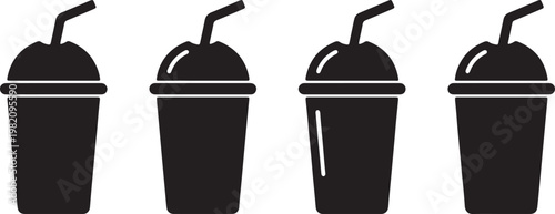 Isolated vector illustration of a set of disposable paper coffee cups and a green recycling bin container for plastic beverage waste