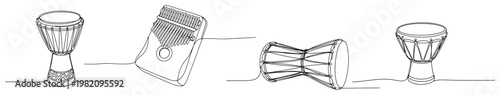 Ethnic percussion instruments including djembe and kalimba thumb piano in continuous one line art style