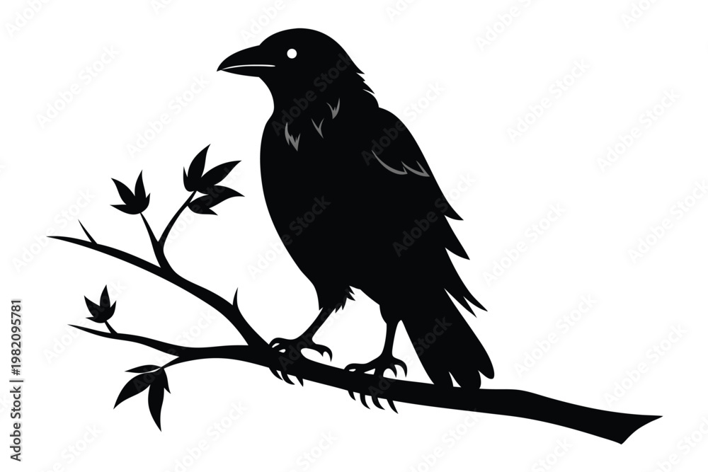Naklejka premium crow setting on a branch silhouette line art vector illustration with a white background