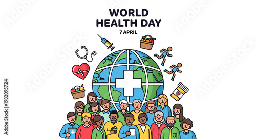 World Health Day illustration with diverse people, globe, medical symbols, and healthy lifestyle elements.