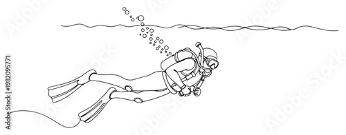 Scuba diver swimming underwater with air bubbles in minimalist continuous one line drawing style