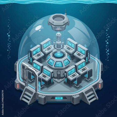 Futuristic underwater research laboratory with advanced technology and glowing screens.