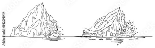 Floating icebergs in ocean water with splashes in continuous one line art style