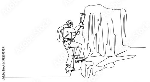 Ice climber scaling a frozen waterfall with axes in continuous one line drawing style