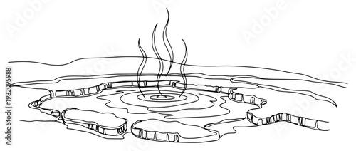 Geothermal hot spring pool with rising steam in continuous one line art style