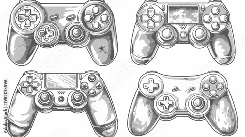 Monochrome digital drawing shows four game controllers in varying angled views