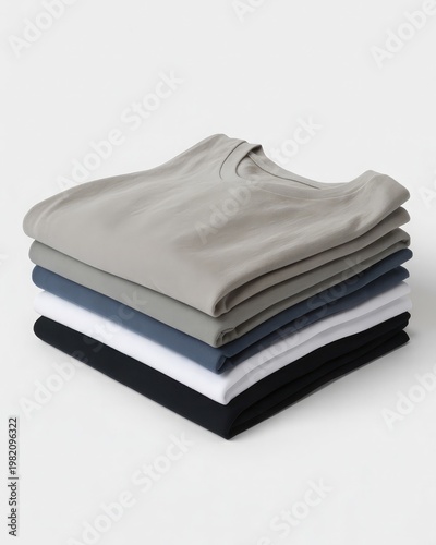 A neatly stacked pile of folded t-shirts in various colors on a plain white background