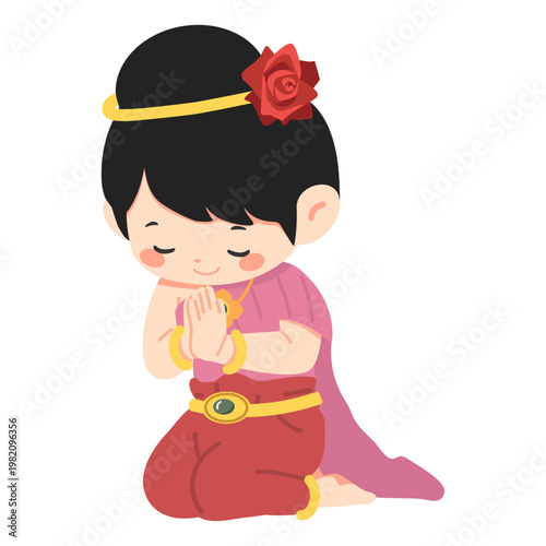 Thai Woman Greeting In Traditional Dress With Wai Gesture