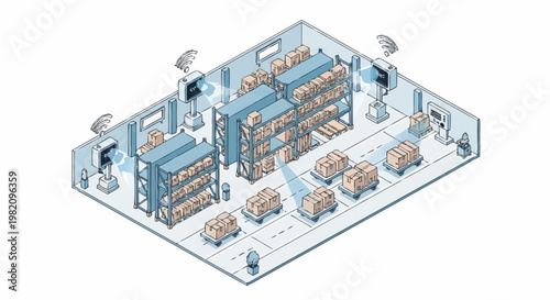 Isometric illustration of a warehouse interior.